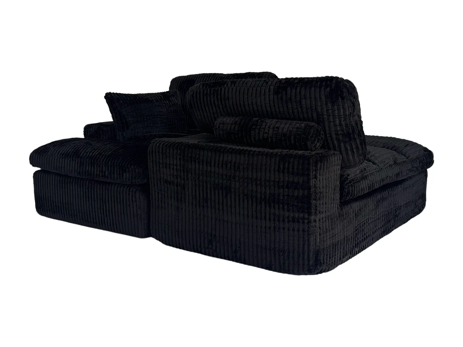 Divano letto modulare in velluto a coste con chaise longue, design pronto all'uso, appositamente progettato per appartamenti compatti, nero