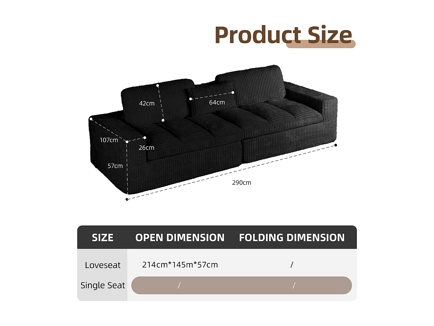 Divano letto modulare in velluto a coste con chaise longue, design pronto all'uso, appositamente progettato per appartamenti compatti, nero