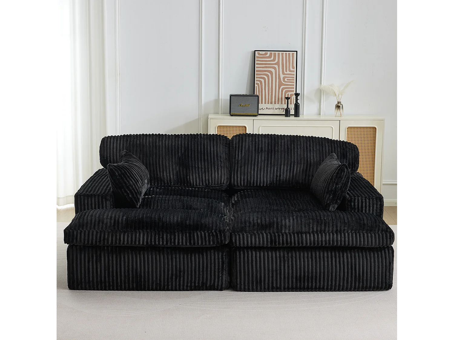 Canapé-lit modulable en velours côtelé avec chaise longue, design prêt à l'emploi, spécialement conçu pour les appartements compacts, noir