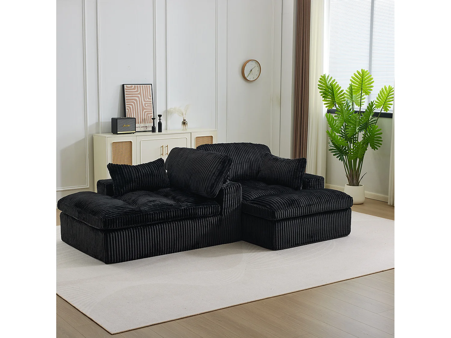 Canapé-lit modulable en velours côtelé avec chaise longue, design prêt à l'emploi, spécialement conçu pour les appartements compacts, noir