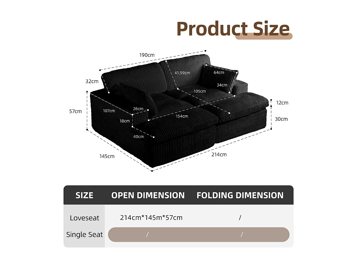 Canapé-lit modulable en velours côtelé avec chaise longue, design prêt à l'emploi, spécialement conçu pour les appartements compacts, noir