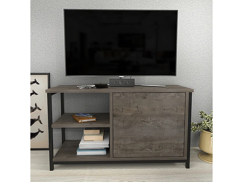 Meuble TV Muskegon 90 cm Placard et Étagères ouvertes (Noir et Wenge)