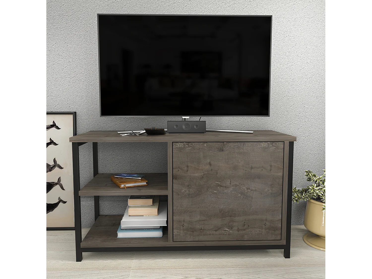 Meuble TV Muskegon 90 cm Placard et Étagères ouvertes (Noir et Wenge)