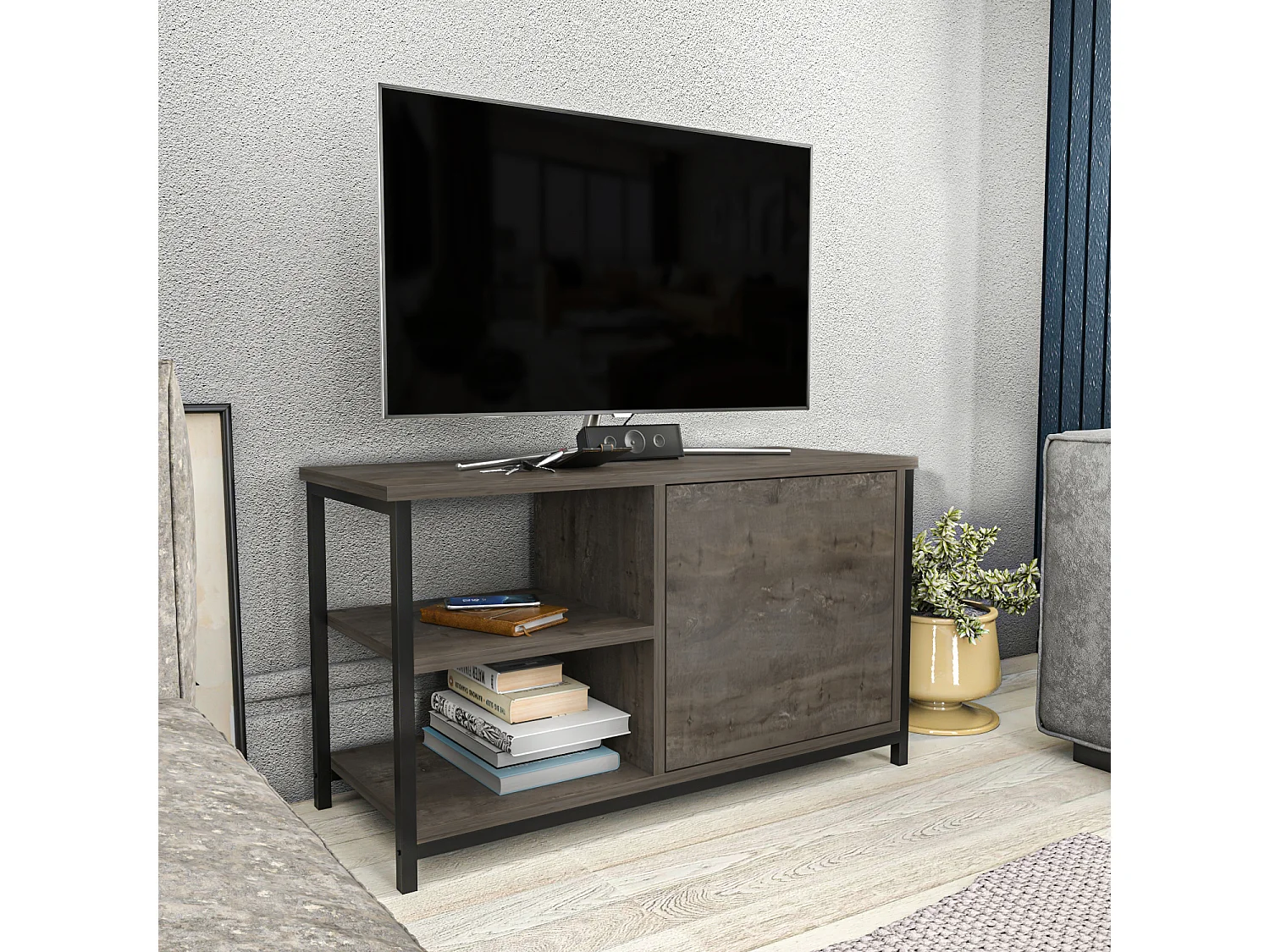 Meuble TV Muskegon 90 cm Placard et Étagères ouvertes (Noir et Wenge)