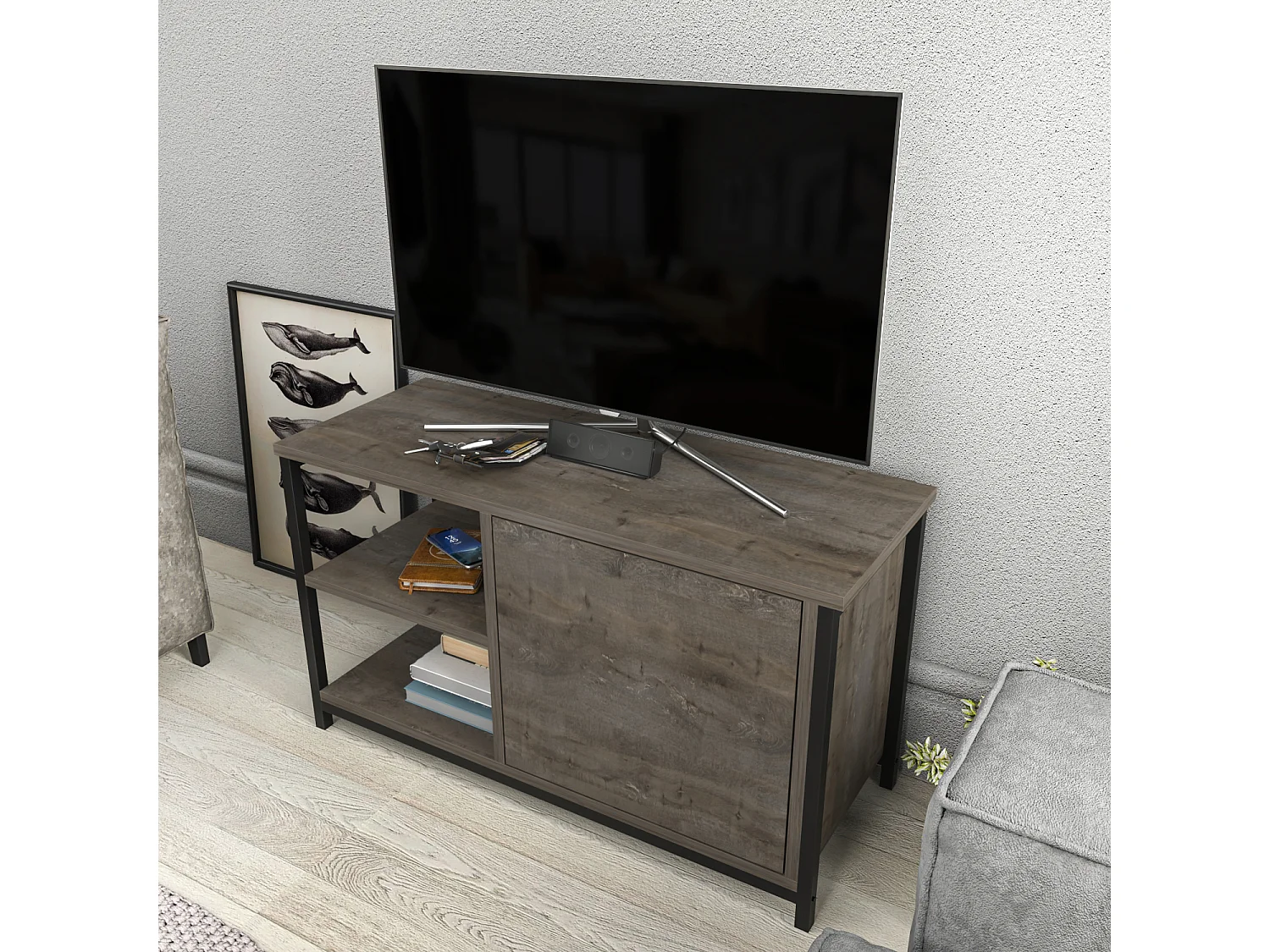 Meuble TV Muskegon 90 cm Placard et Étagères ouvertes (Noir et Wenge)