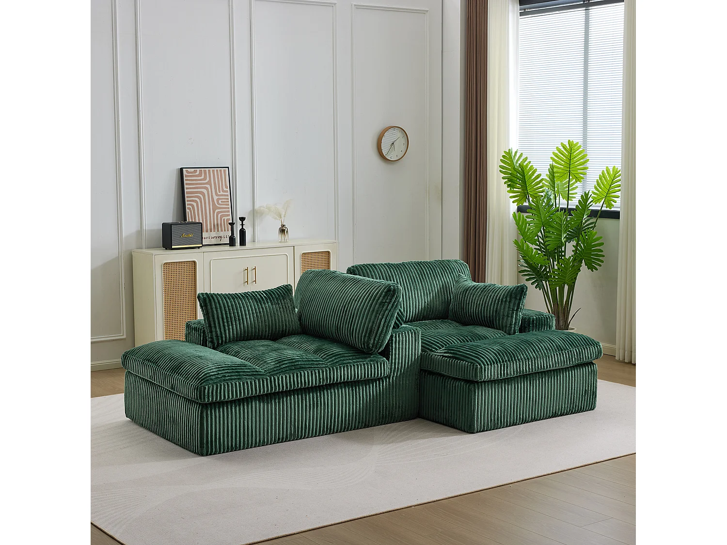 Divano letto modulare in velluto a coste con chaise longue, design pronto all'uso, appositamente progettato per appartamenti compatti, verde