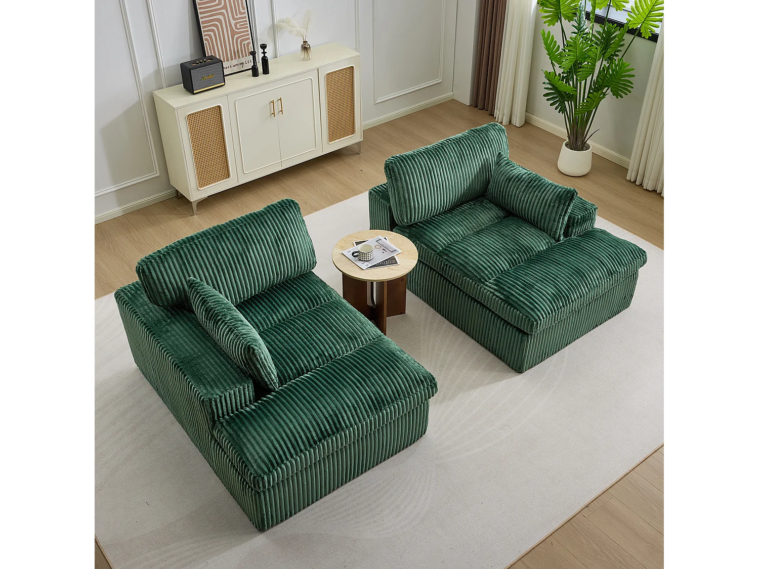 Divano letto modulare in velluto a coste con chaise longue, design pronto all'uso, appositamente progettato per appartamenti compatti, verde