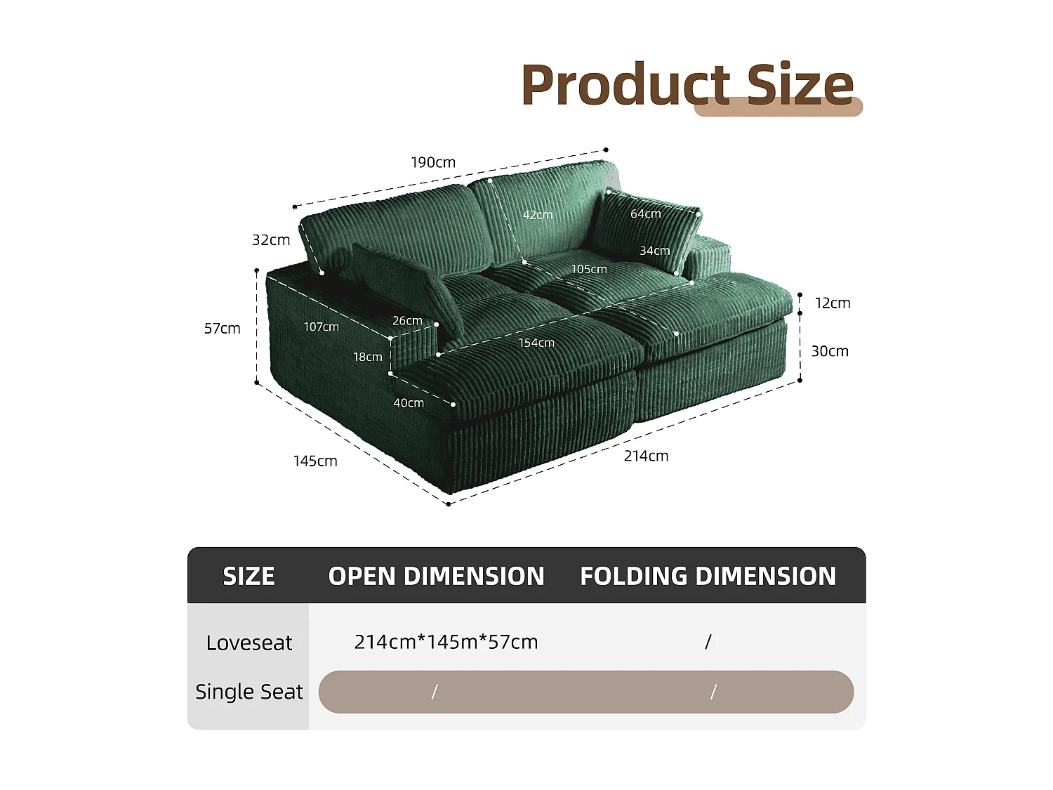 Divano letto modulare in velluto a coste con chaise longue, design pronto all'uso, appositamente progettato per appartamenti compatti, verde