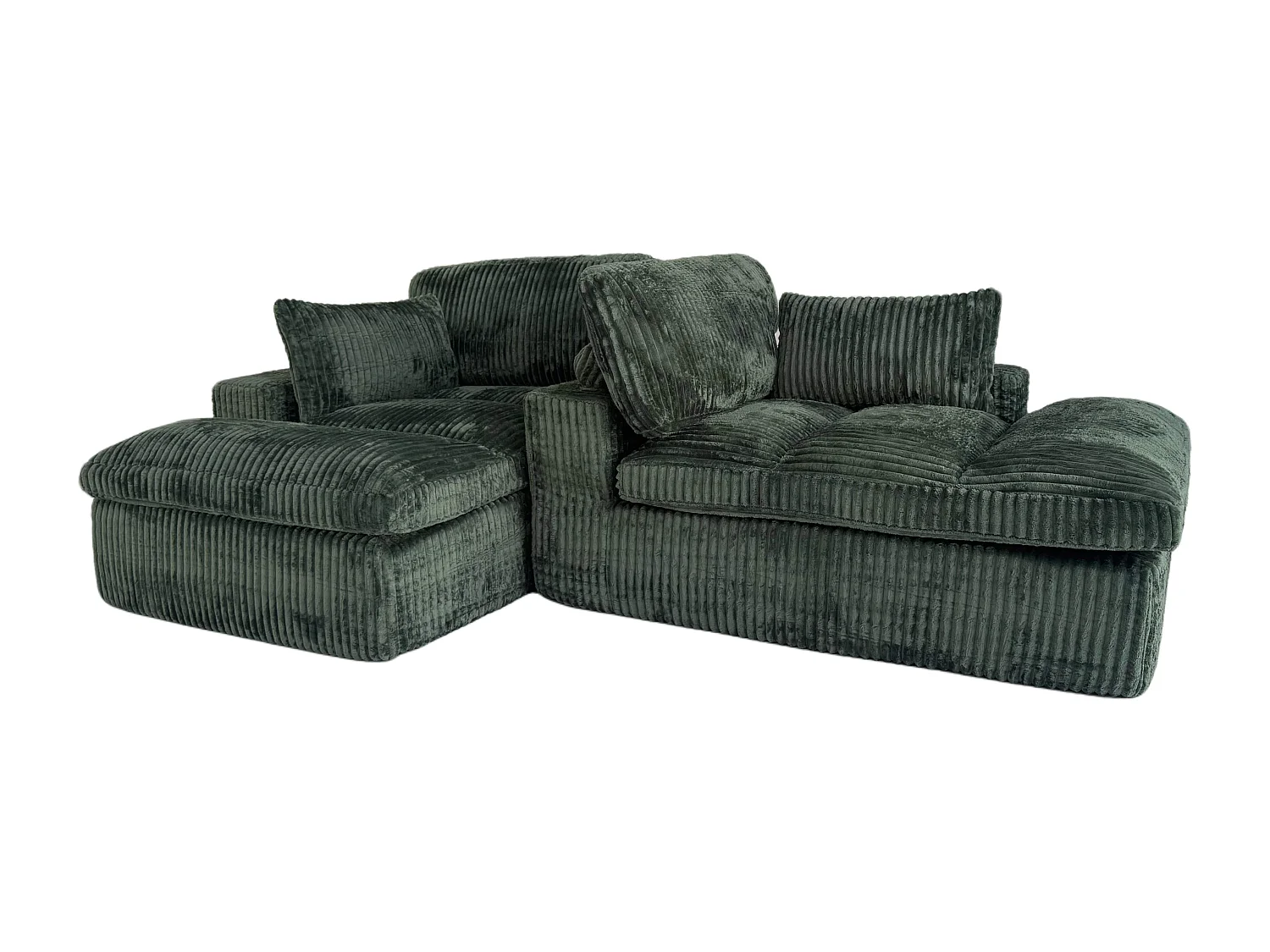 Divano letto modulare in velluto a coste con chaise longue, design pronto all'uso, appositamente progettato per appartamenti compatti, verde