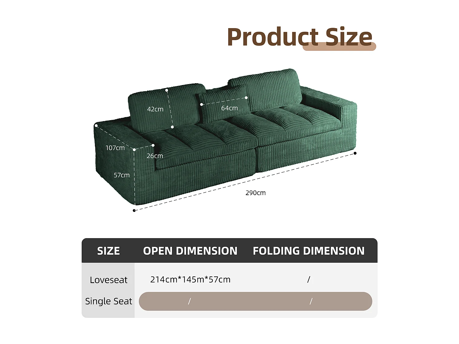 Divano letto modulare in velluto a coste con chaise longue, design pronto all'uso, appositamente progettato per appartamenti compatti, verde