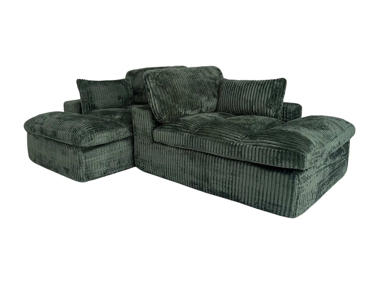 Divano letto modulare in velluto a coste con chaise longue, design pronto all'uso, appositamente progettato per appartamenti compatti, verde