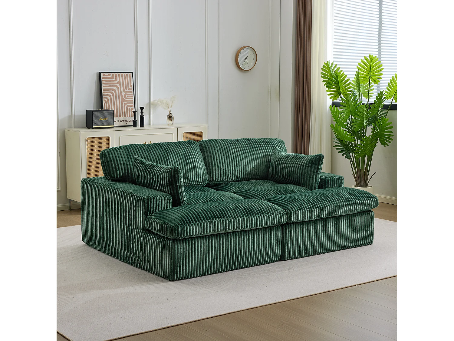 Canapé-lit modulable en velours côtelé avec chaise longue, design prêt à l'emploi, spécialement conçu pour les appartements compacts, vert