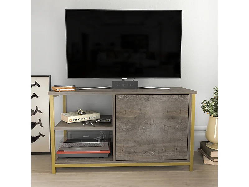 Meuble TV Muskegon 90 cm Placard et Étagères ouvertes (Doré et Wenge)