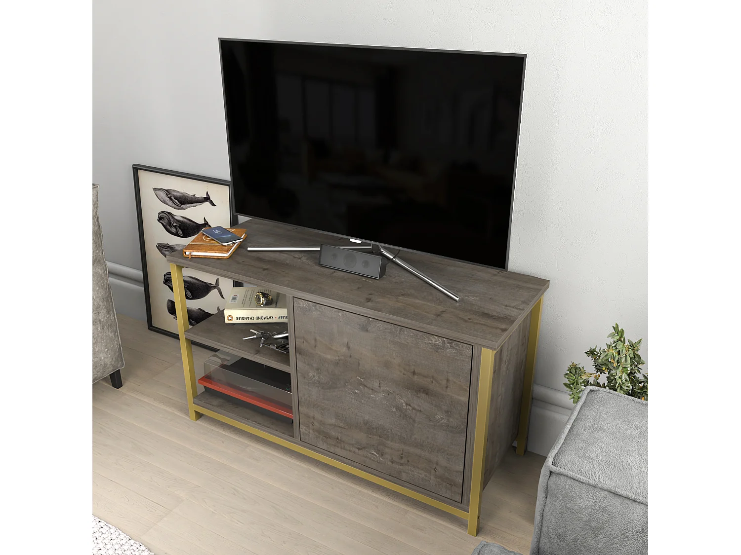 Meuble TV Muskegon 90 cm Placard et Étagères ouvertes (Doré et Wenge)