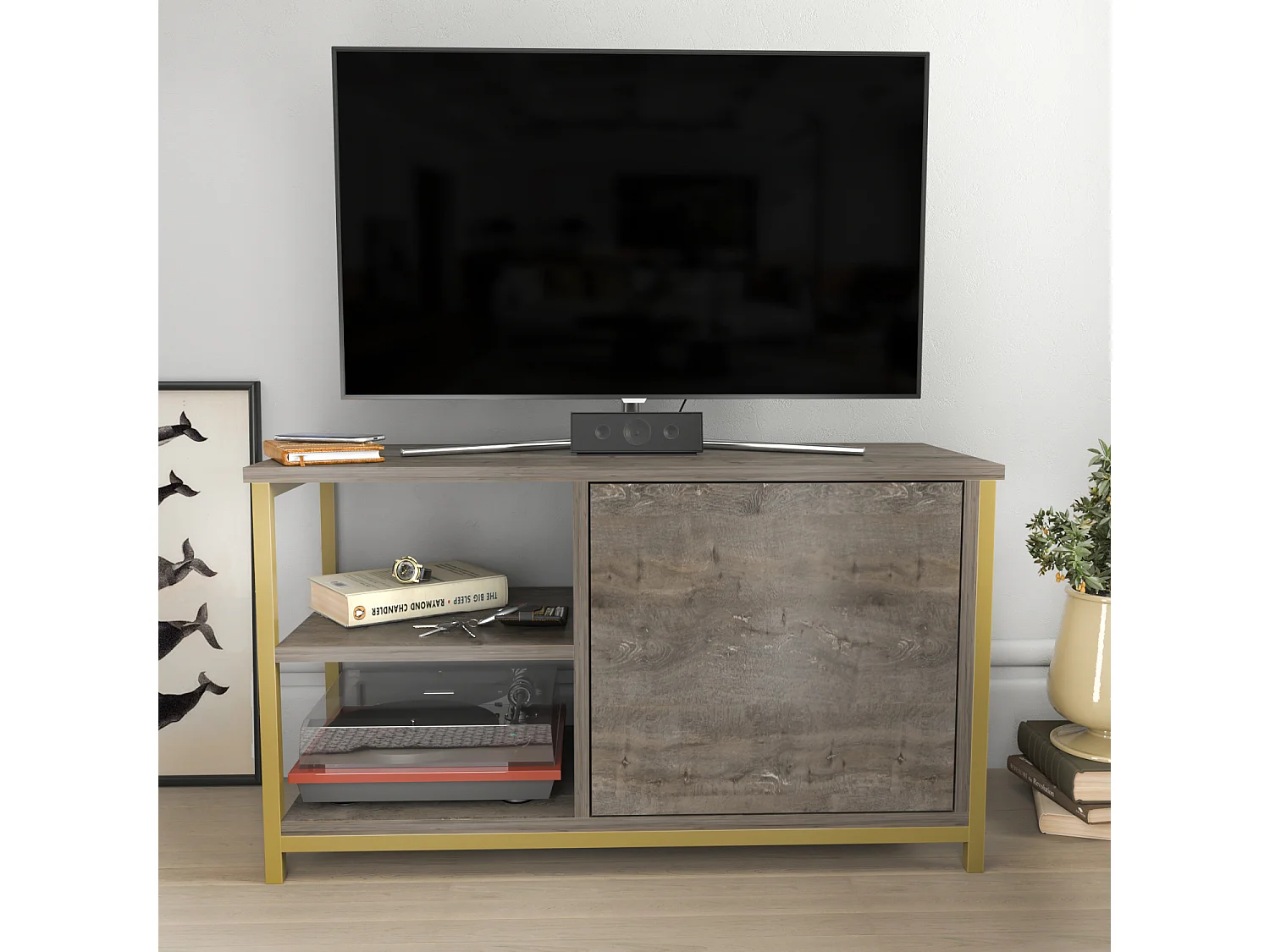 Meuble TV Muskegon 90 cm Placard et Étagères ouvertes (Doré et Wenge)