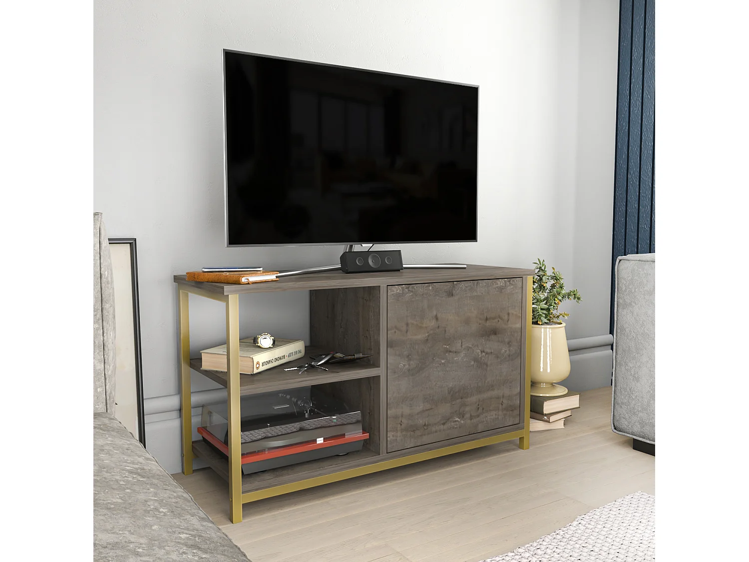 Meuble TV Muskegon 90 cm Placard et Étagères ouvertes (Doré et Wenge)