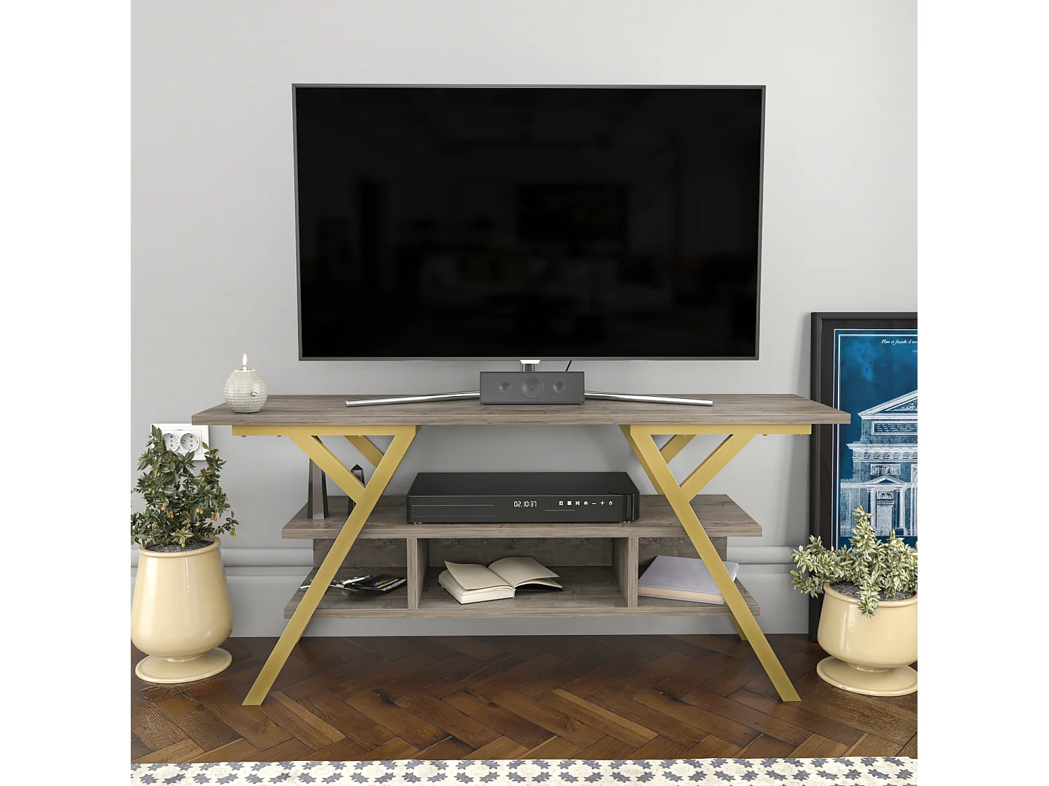 Minerva Meuble TV 120 cm Étagères Ouvertes et Cadre en métal (Doré et Wenge)