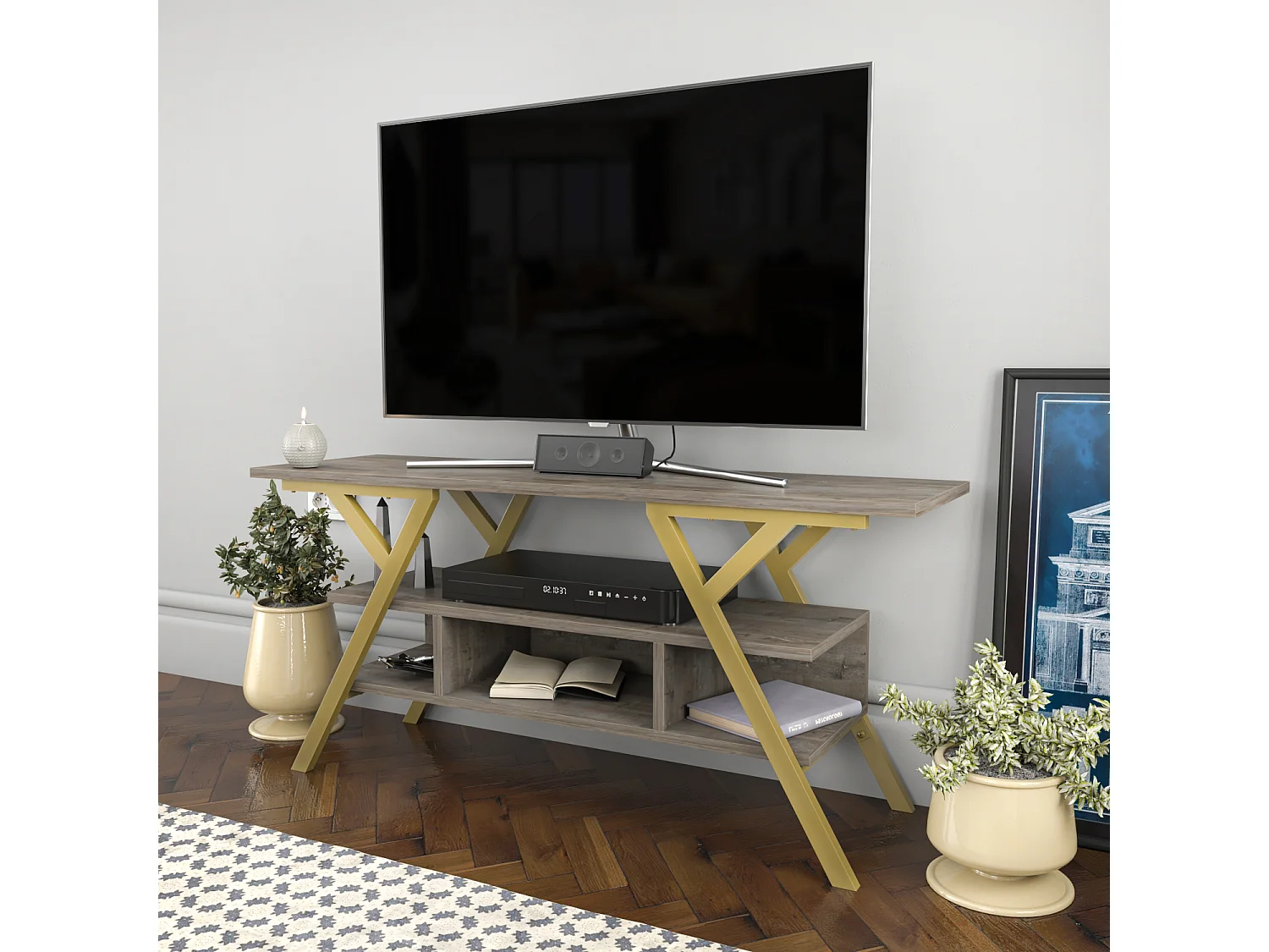 Minerva Meuble TV 120 cm Étagères Ouvertes et Cadre en métal (Doré et Wenge)