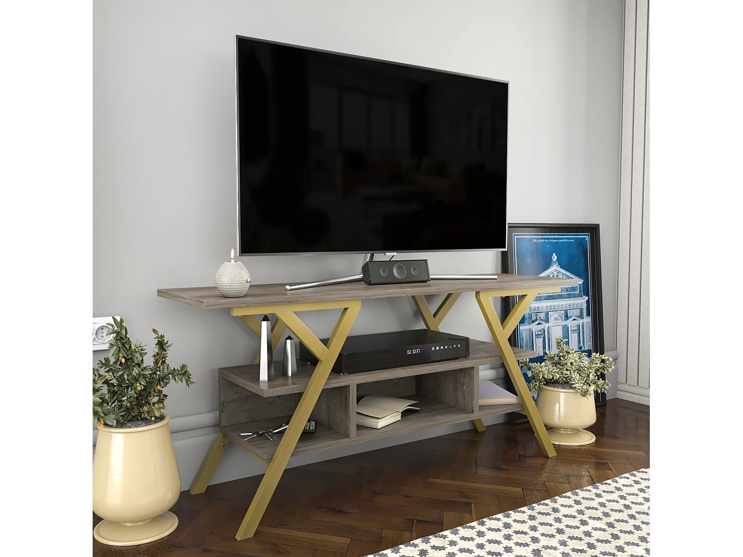 Minerva Meuble TV 120 cm Étagères Ouvertes et Cadre en métal (Doré et Wenge)