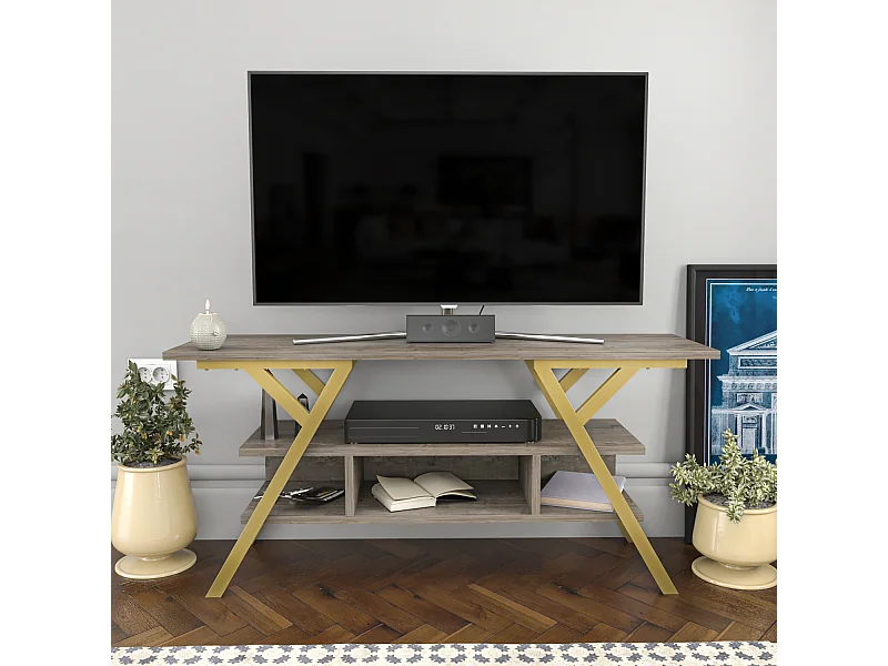 Minerva Meuble TV 120 cm Étagères Ouvertes et Cadre en métal (Doré et Wenge)