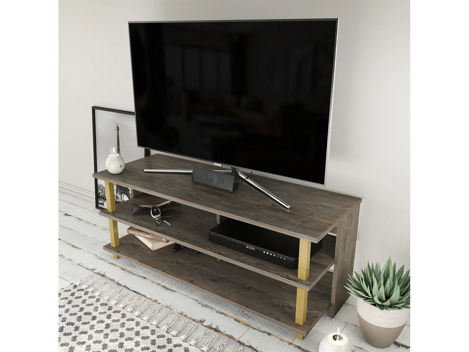 Pueblo Meuble TV 120 cm Niches et Étagères Ouvertes (Doré et Wenge)
