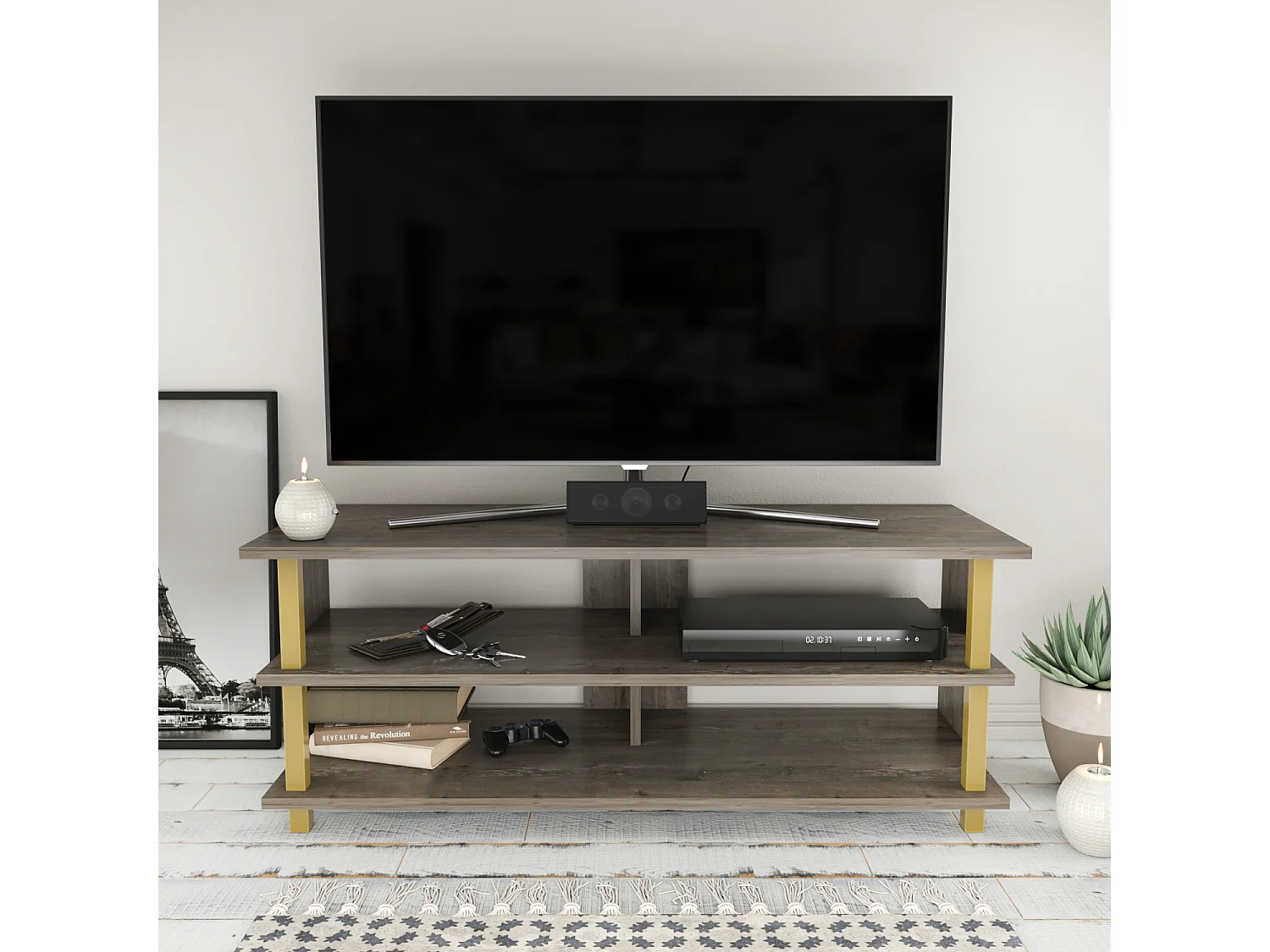 Pueblo Meuble TV 120 cm Niches et Étagères Ouvertes (Doré et Wenge)