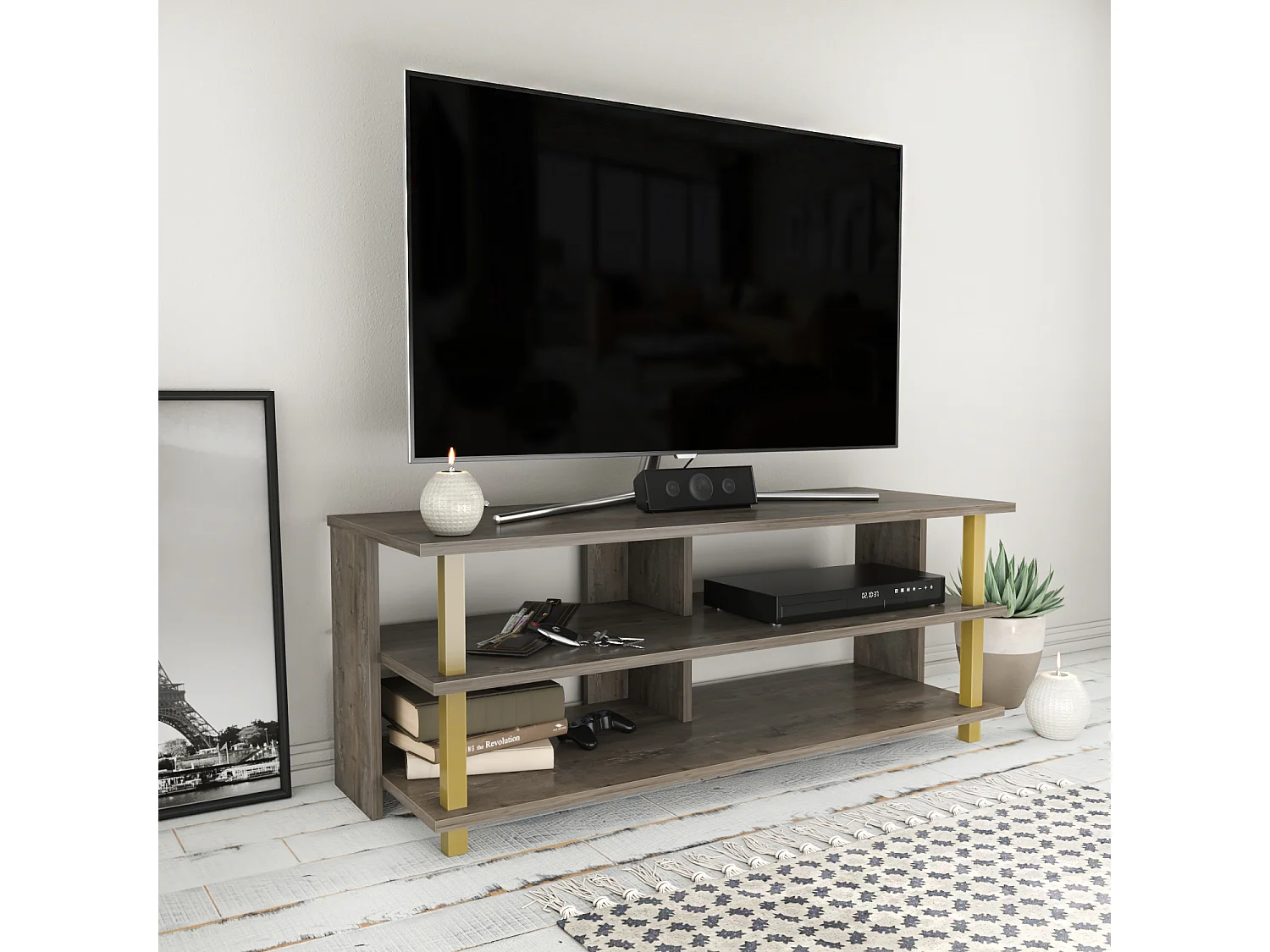 Pueblo Meuble TV 120 cm Niches et Étagères Ouvertes (Doré et Wenge)