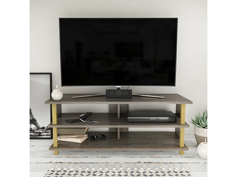 Pueblo Meuble TV 120 cm Niches et Étagères Ouvertes (Doré et Wenge)