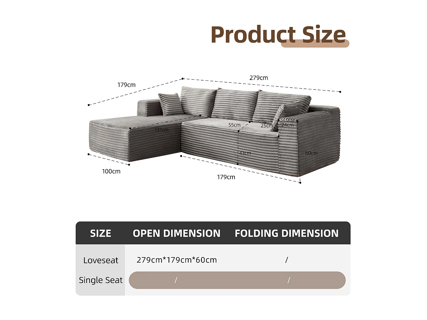 Ensemble de canapés modulaires en velours côtelé, ensemble de canapés en L sur pied, prêt à assembler, adapté aux salons, gris