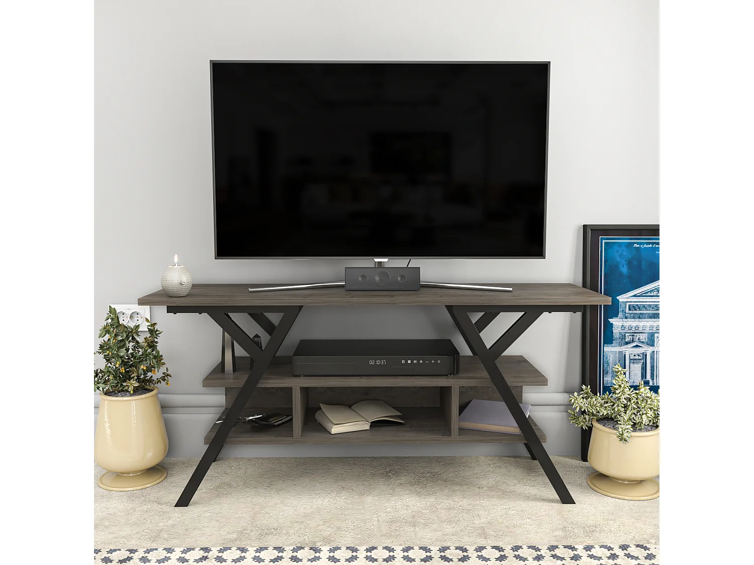 Minerva Meuble TV 120 cm Étagères Ouvertes et Cadre en métal (Noir et Wenge)