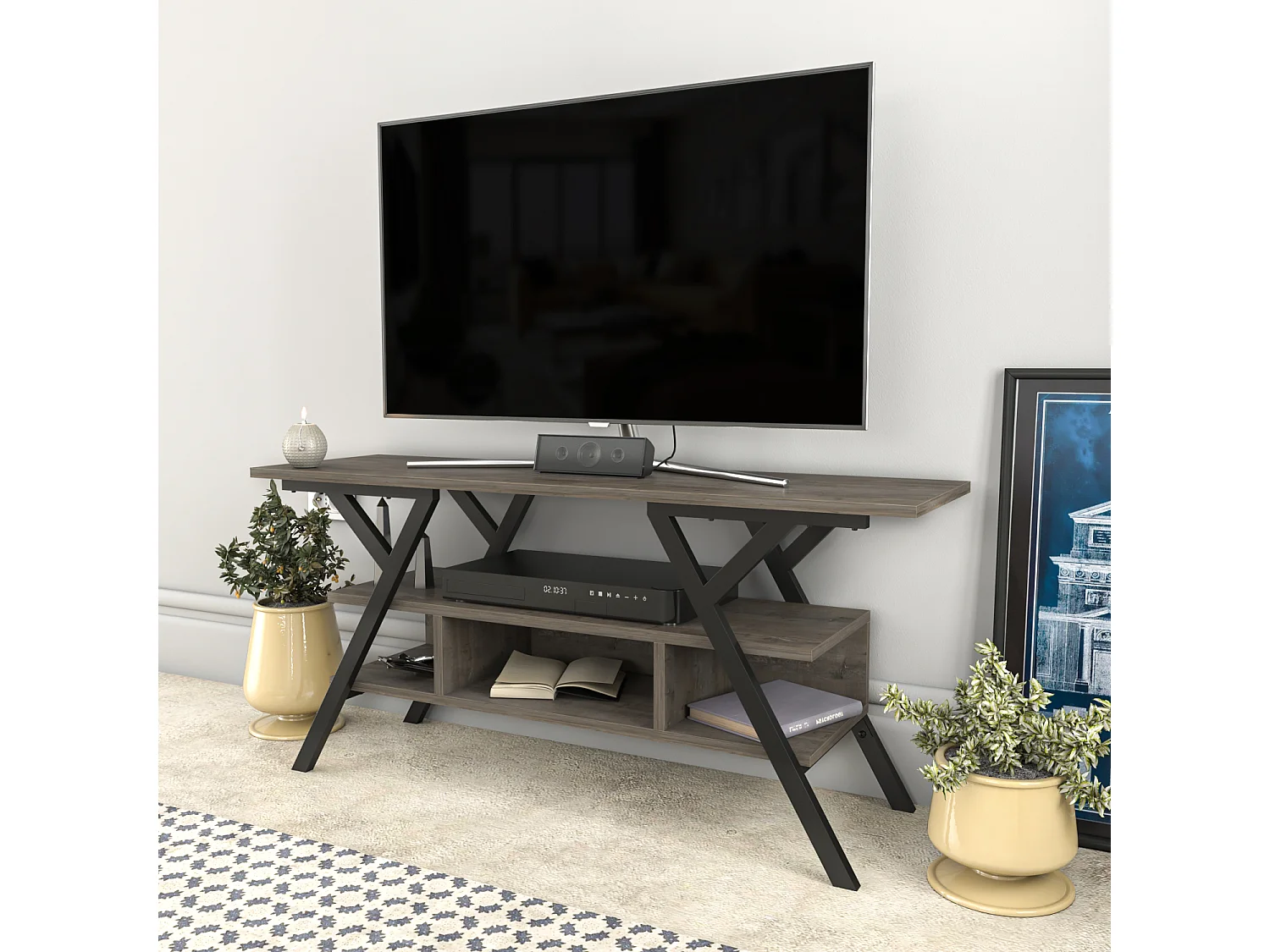 Minerva Meuble TV 120 cm Étagères Ouvertes et Cadre en métal (Noir et Wenge)