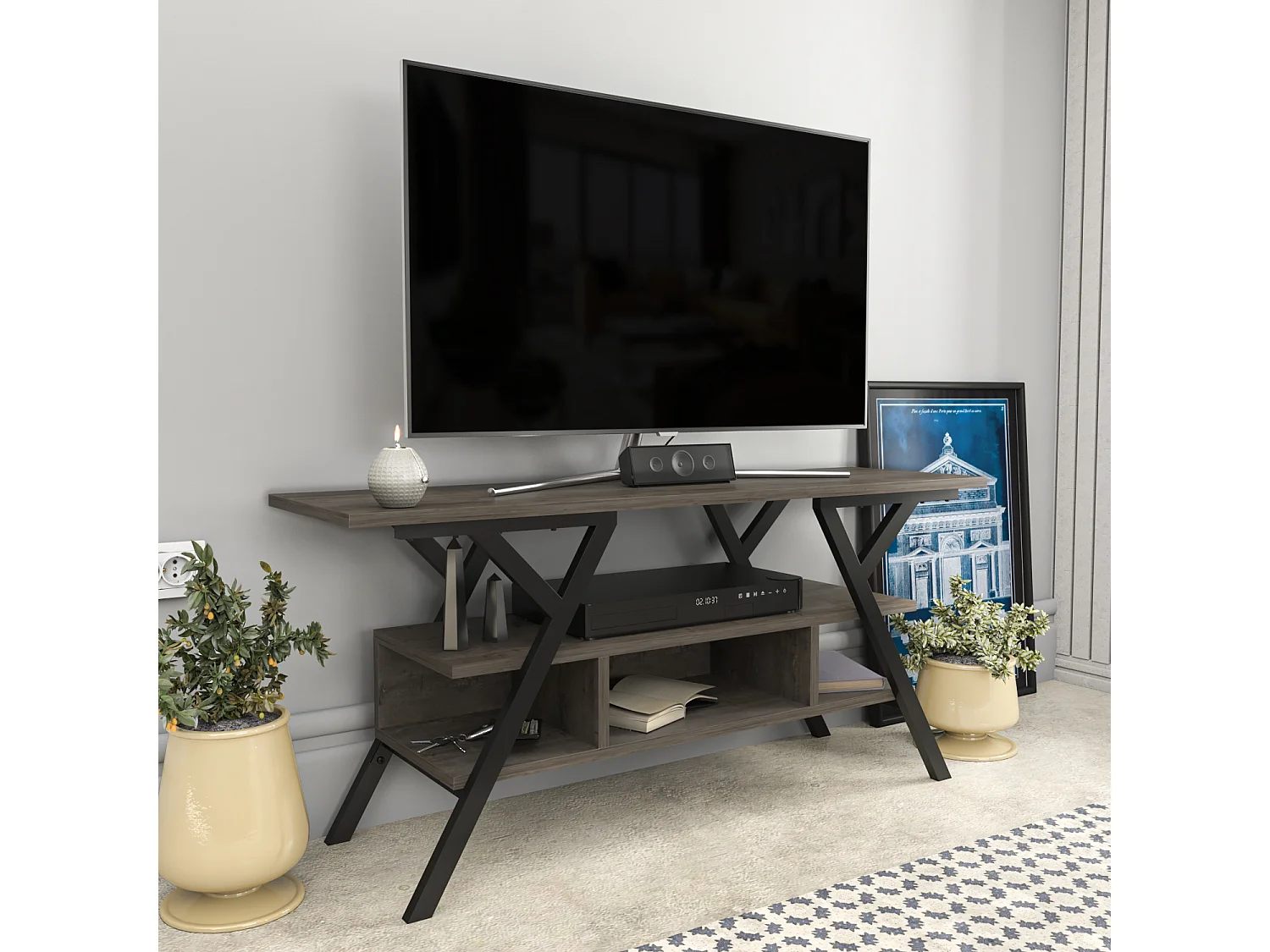 Minerva Meuble TV 120 cm Étagères Ouvertes et Cadre en métal (Noir et Wenge)