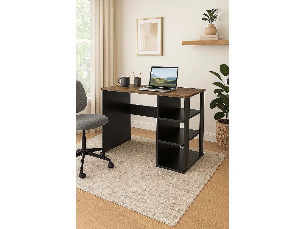 Polina Bureau modern avec des étagères ouvertes (Noir et Noyer)