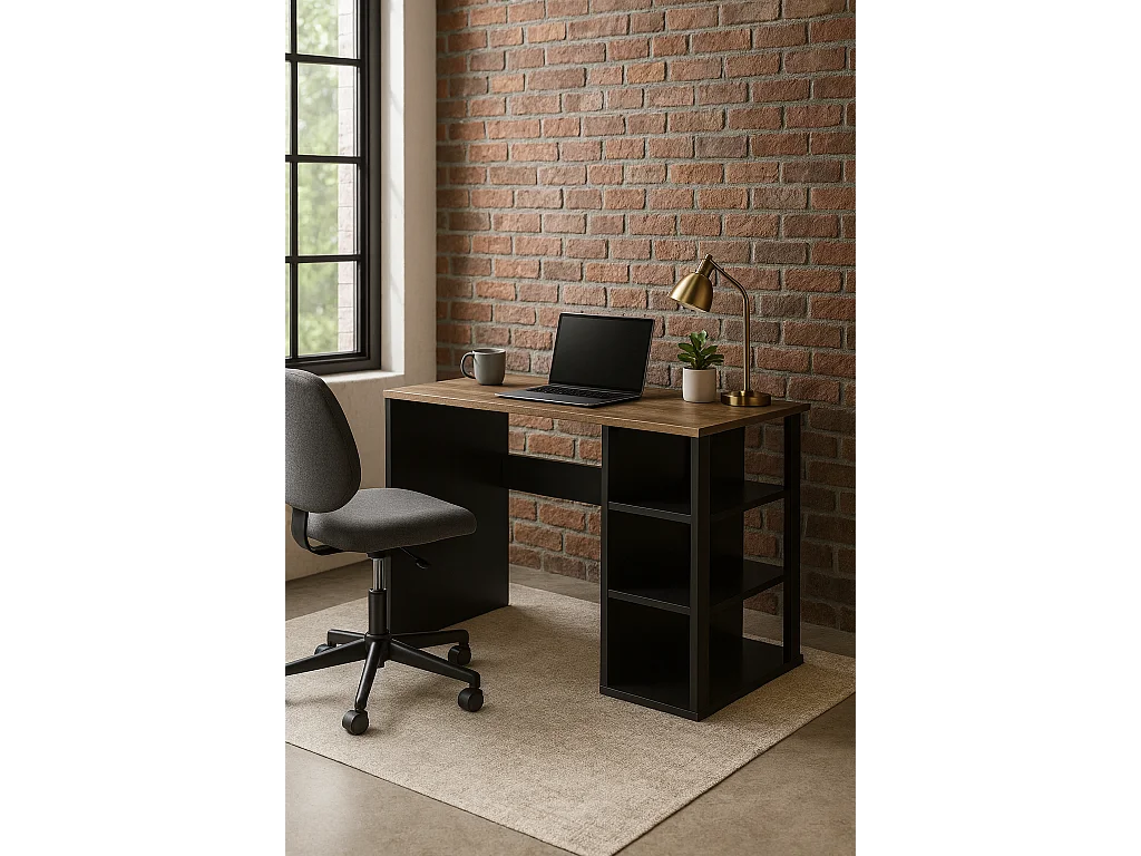 Polina Bureau modern avec des étagères ouvertes (Noir et Noyer)