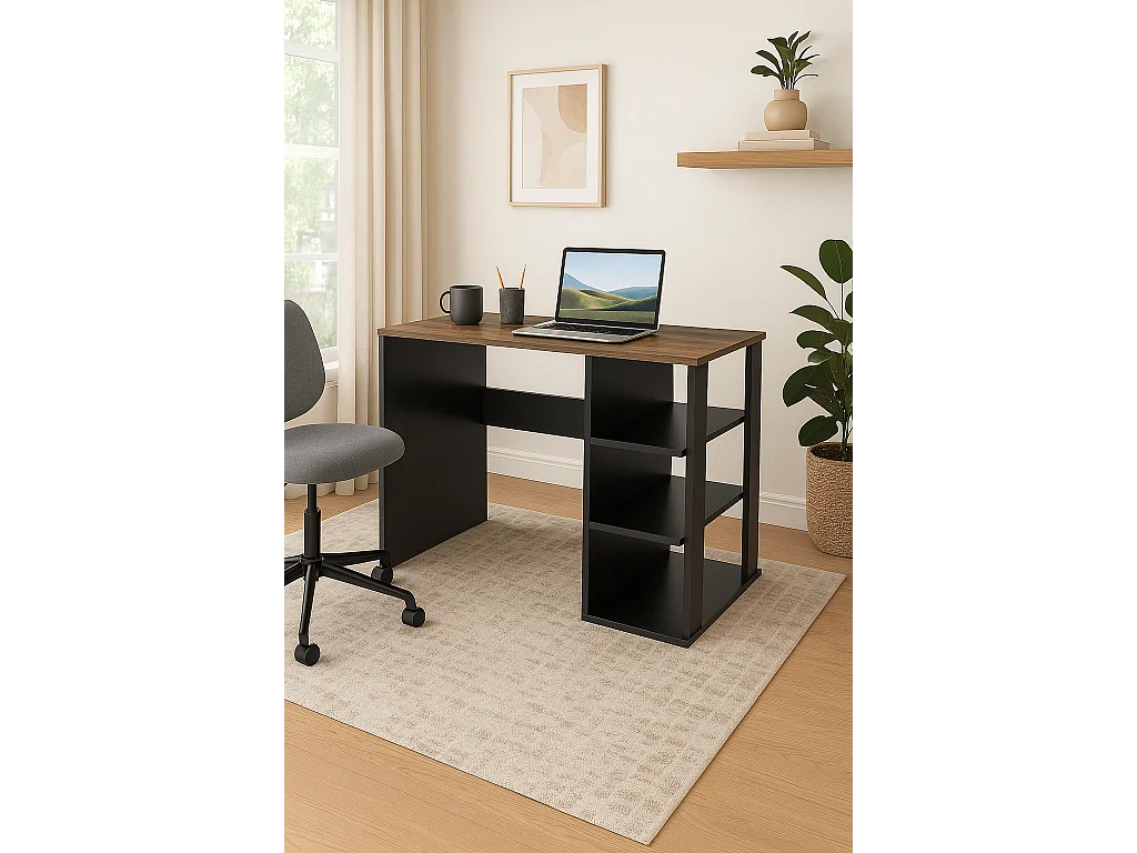 Polina Bureau modern avec des étagères ouvertes (Noir et Noyer)