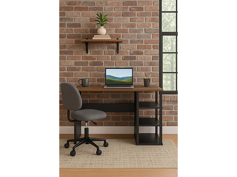 Polina Bureau modern avec des étagères ouvertes (Noir et Noyer)