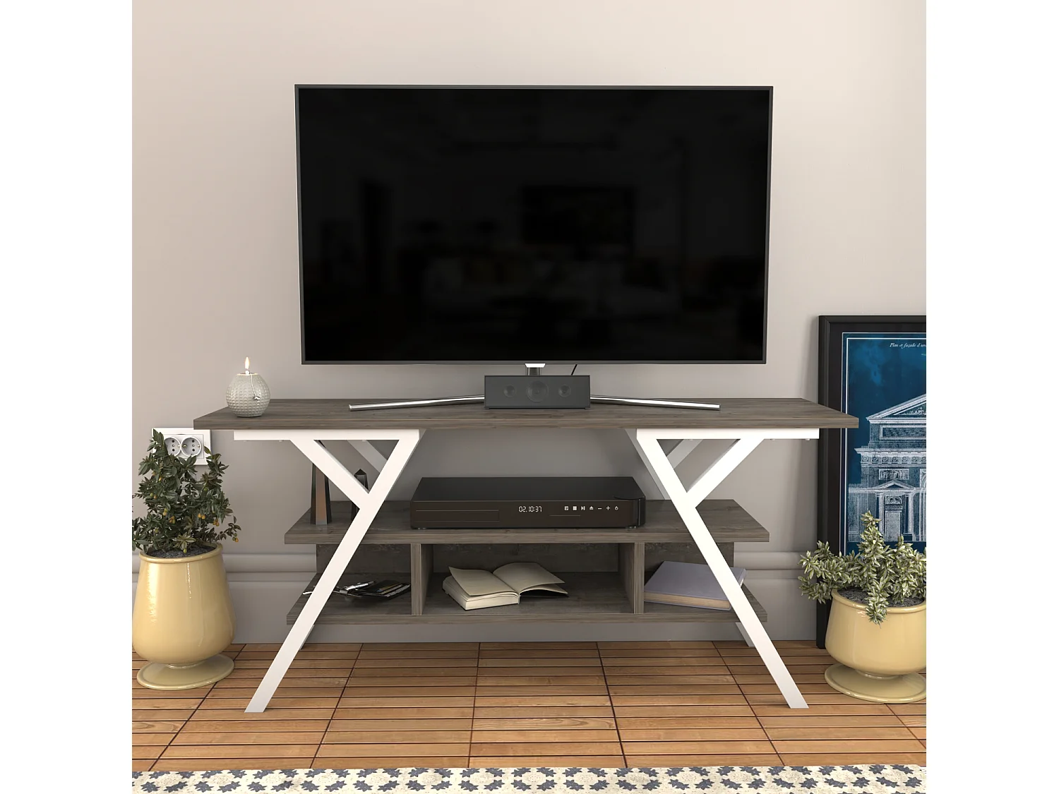 Minerva Meuble TV 120 cm Étagères Ouvertes et Cadre en métal (Blanc et Wenge)