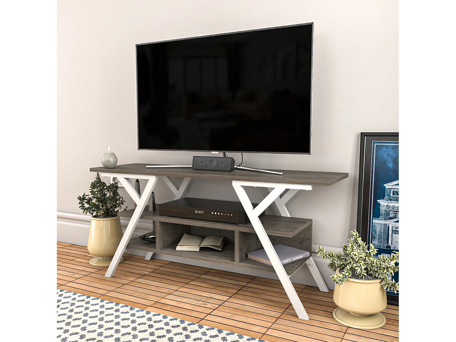 Minerva Meuble TV 120 cm Étagères Ouvertes et Cadre en métal (Blanc et Wenge)