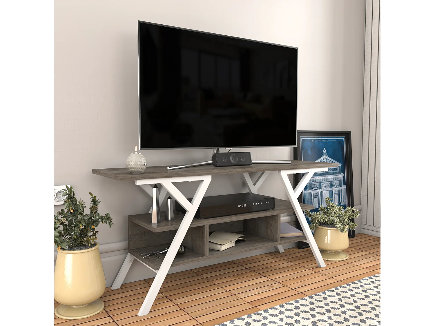 Minerva Meuble TV 120 cm Étagères Ouvertes et Cadre en métal (Blanc et Wenge)
