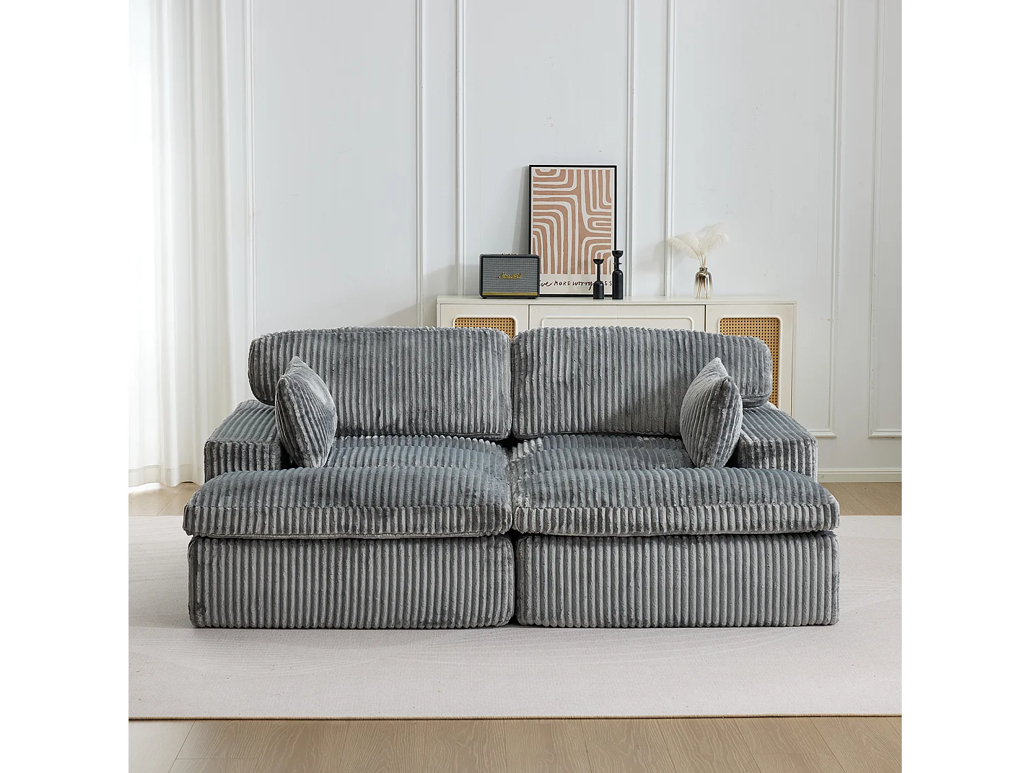 Canapé-lit modulable en velours côtelé avec chaise longue, design prêt à l'emploi, spécialement conçu pour les appartements compacts, gris