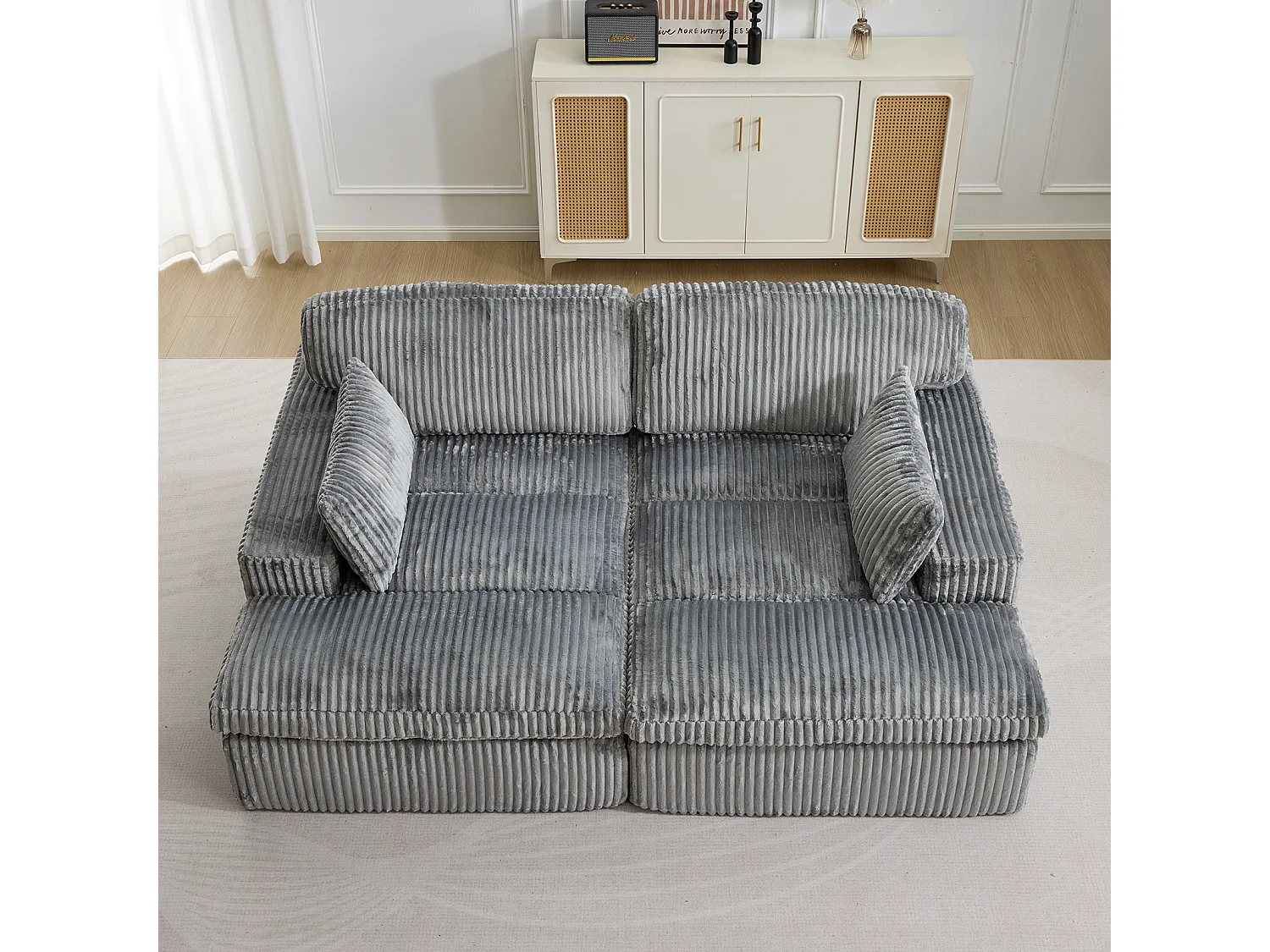 Canapé-lit modulable en velours côtelé avec chaise longue, design prêt à l'emploi, spécialement conçu pour les appartements compacts, gris