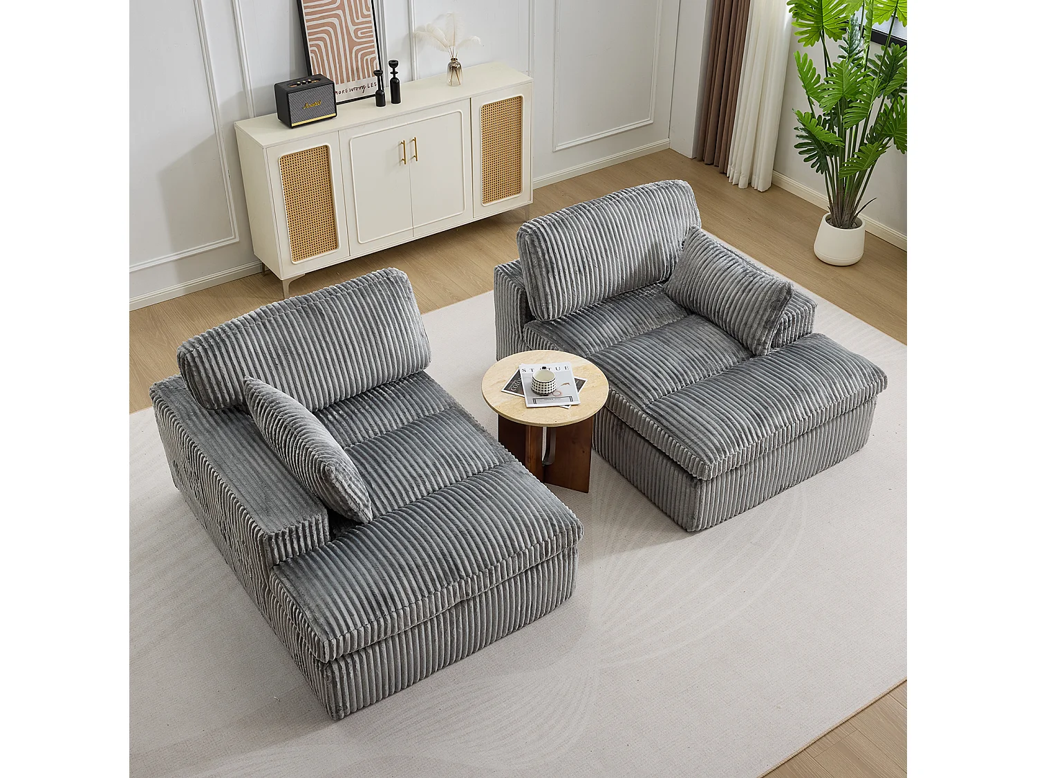 Canapé-lit modulable en velours côtelé avec chaise longue, design prêt à l'emploi, spécialement conçu pour les appartements compacts, gris