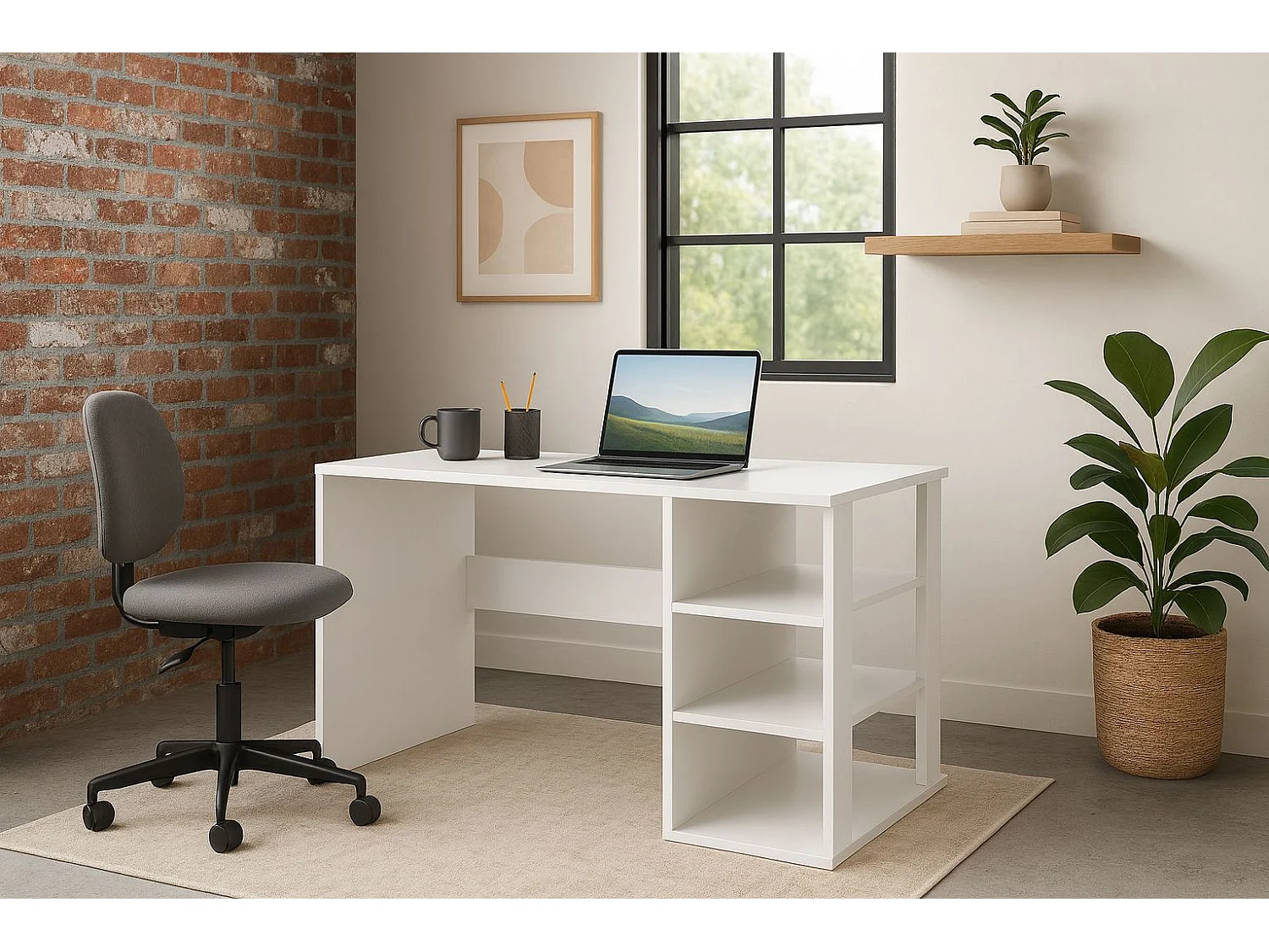 Polina Bureau modern avec des étagères ouvertes (Blanc)