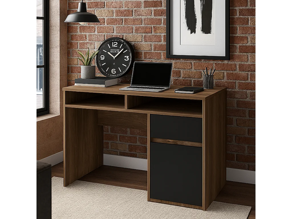 Isla Bureau modern 100 cm Tiroir et Armoire (Noyer et Noir)