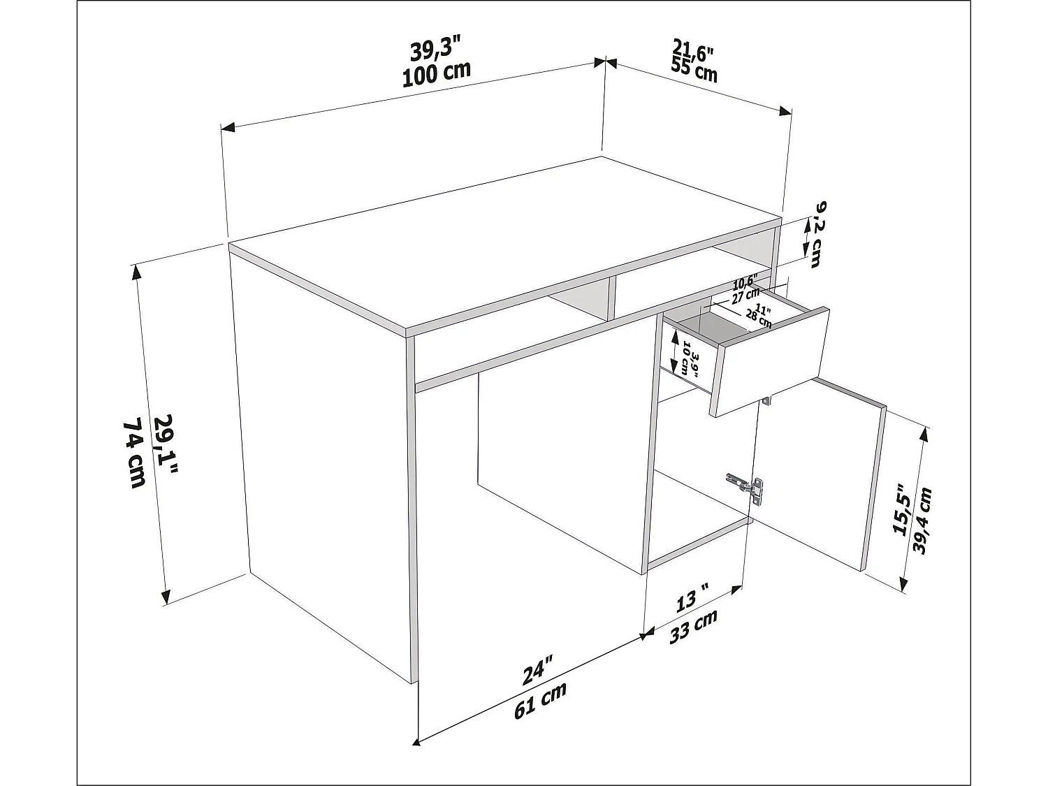 Decorotika Isla Computer Desk with Cabinet and Drawer - W 100 cm x D 55 cm x H 74 cm