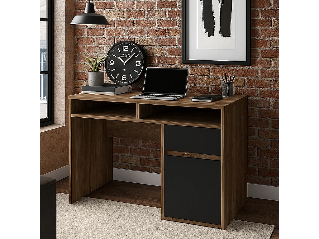 Isla Bureau modern 100 cm Tiroir et Armoire (Noyer et Noir)