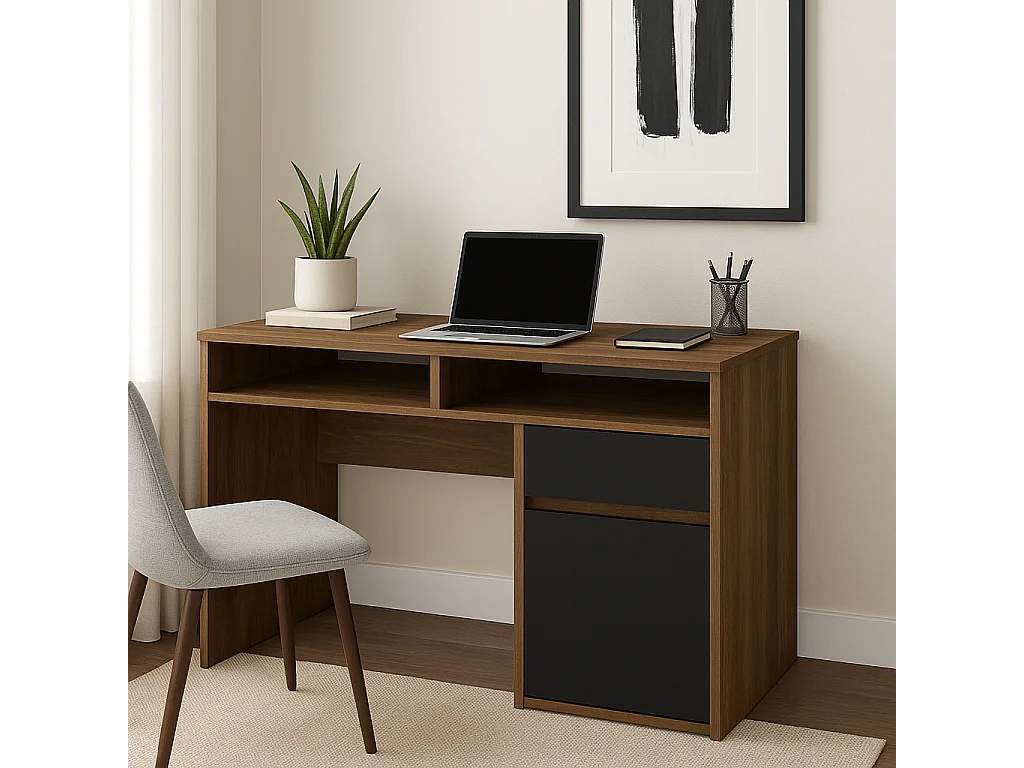Isla Bureau modern 100 cm Tiroir et Armoire (Noyer et Noir)