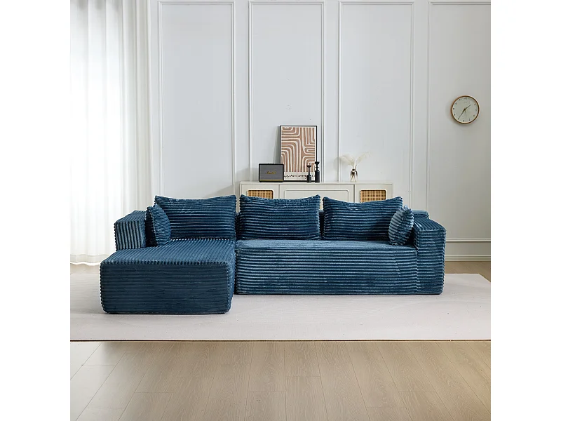 Ensemble de canapés modulaires en velours côtelé, ensemble de canapés en L sur pied, prêt à assembler, adapté aux salons, bleu