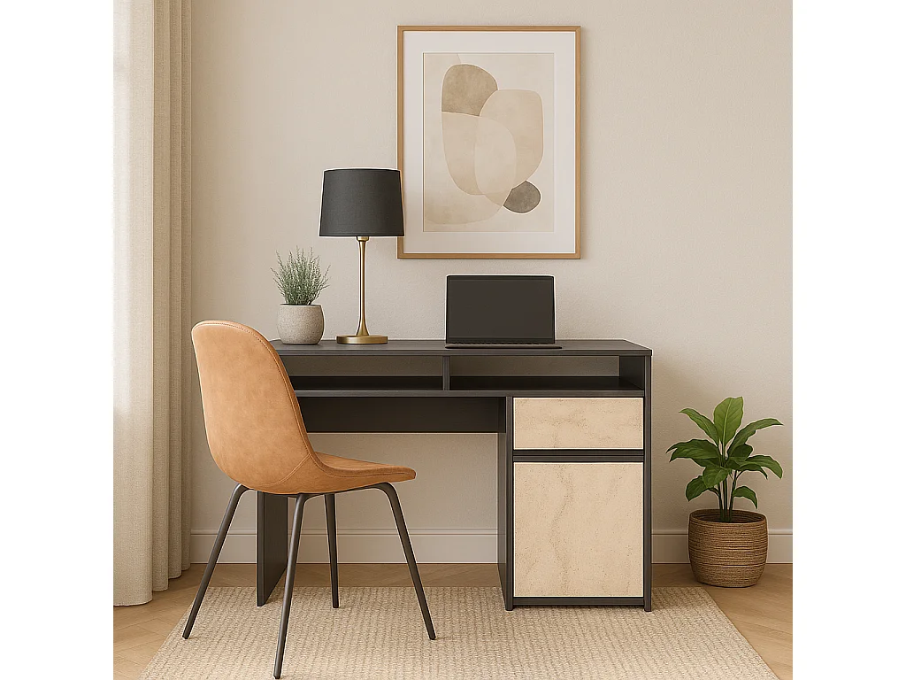 Isla Bureau modern 100 cm Tiroir et Armoire (Noir et Travertine)