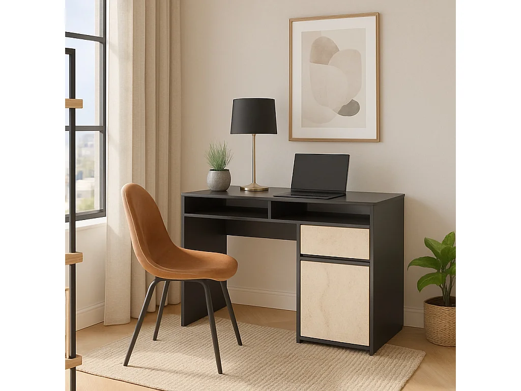 Isla Bureau modern 100 cm Tiroir et Armoire (Noir et Travertine)